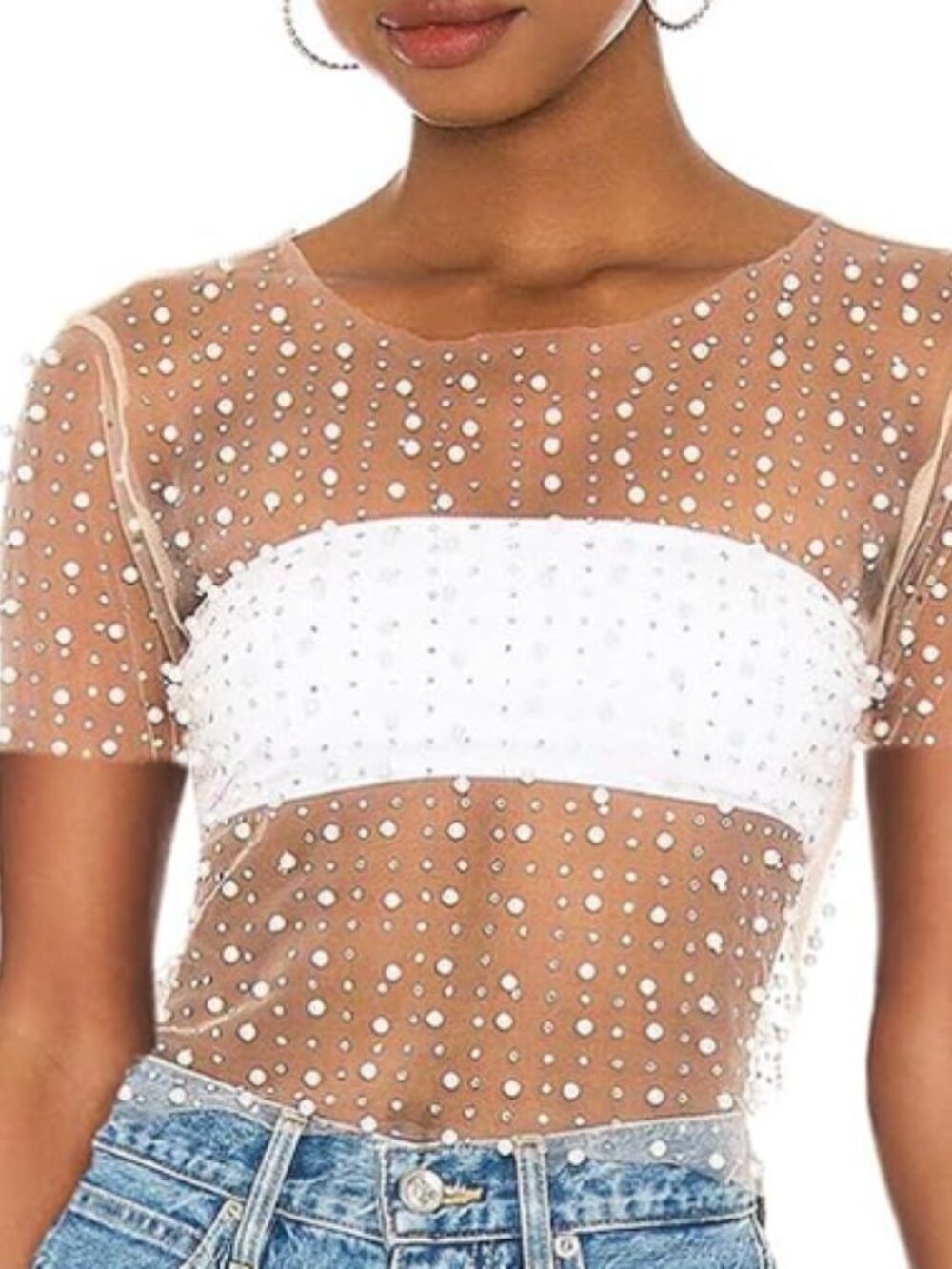 Sheer White Pearl Embellished Top O/S